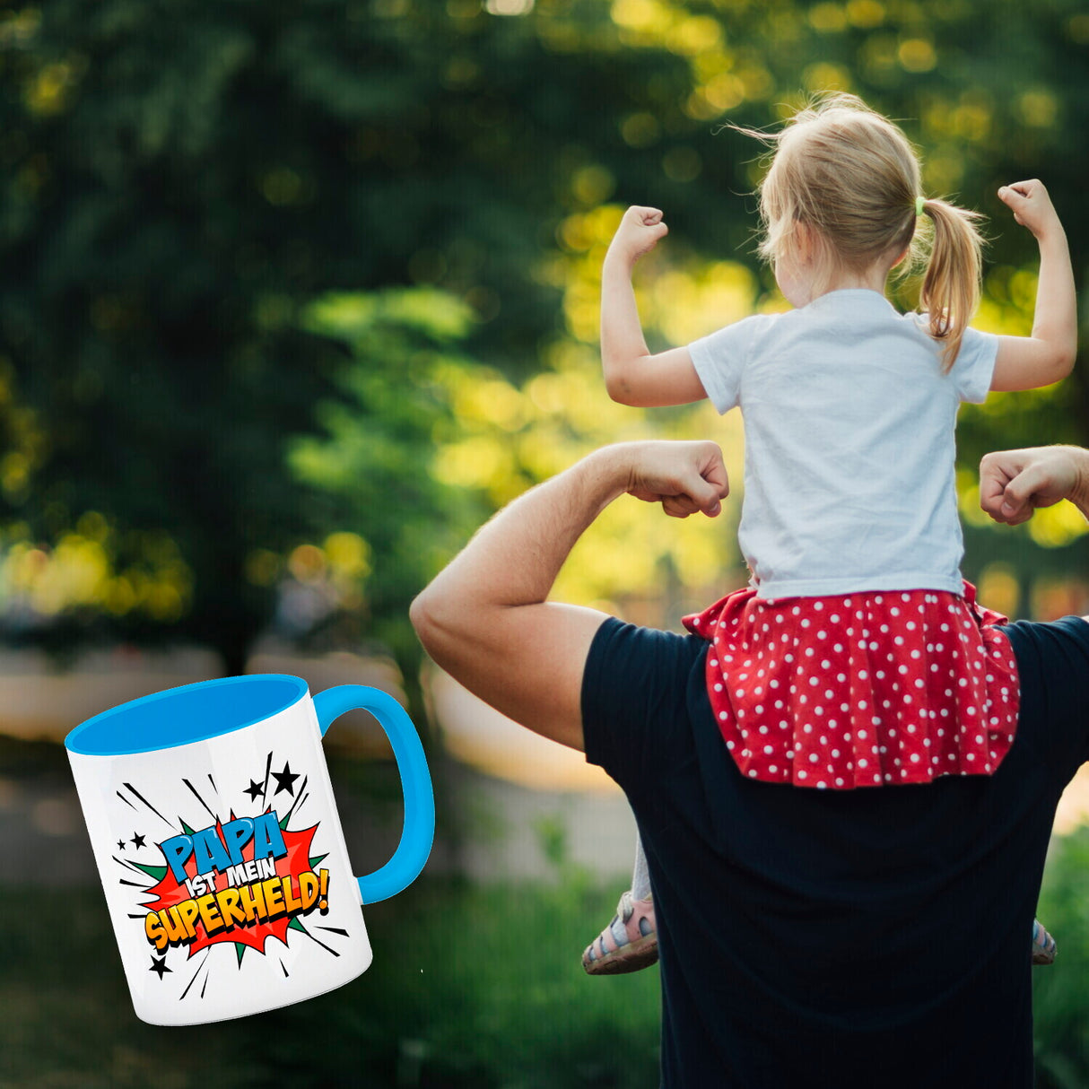 Kaffeetasse mit knalligem Comic Motiv und Spruch - Papa ist mein Superheld