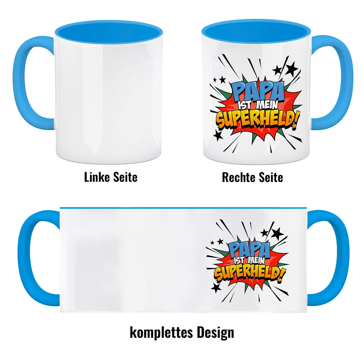Kaffeetasse mit knalligem Comic Motiv und Spruch - Papa ist mein Superheld