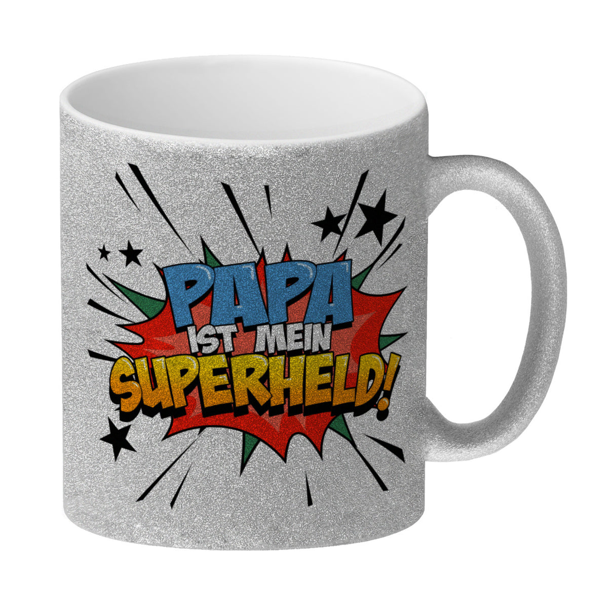 Kaffeetasse mit knalligem Comic Motiv und Spruch - Papa ist mein Superheld