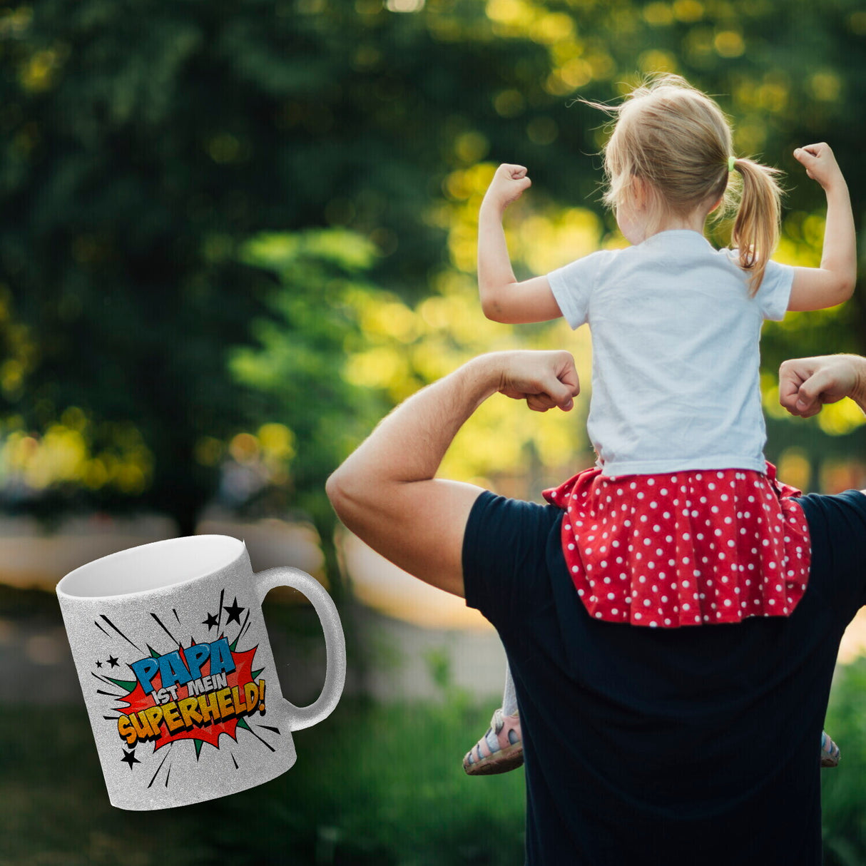 Kaffeetasse mit knalligem Comic Motiv und Spruch - Papa ist mein Superheld