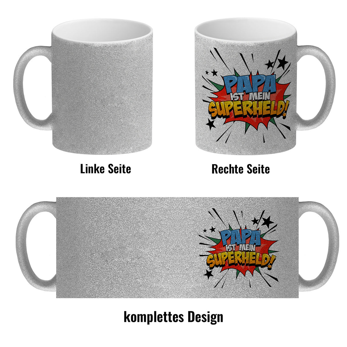 Kaffeetasse mit knalligem Comic Motiv und Spruch - Papa ist mein Superheld