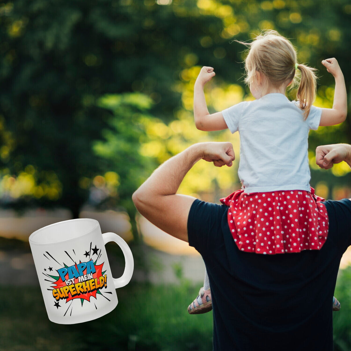 Kaffeetasse mit knalligem Comic Motiv und Spruch - Papa ist mein Superheld