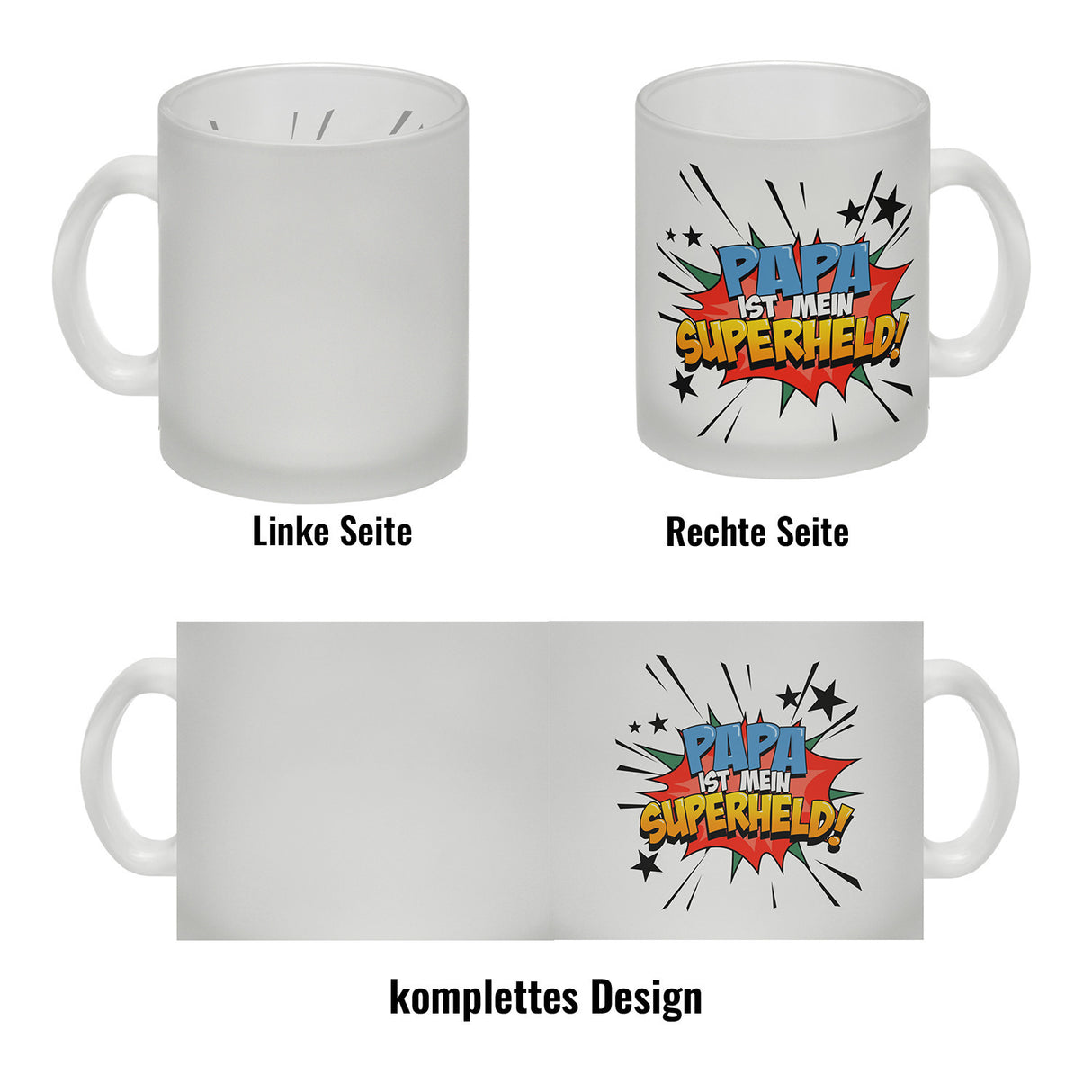 Kaffeetasse mit knalligem Comic Motiv und Spruch - Papa ist mein Superheld