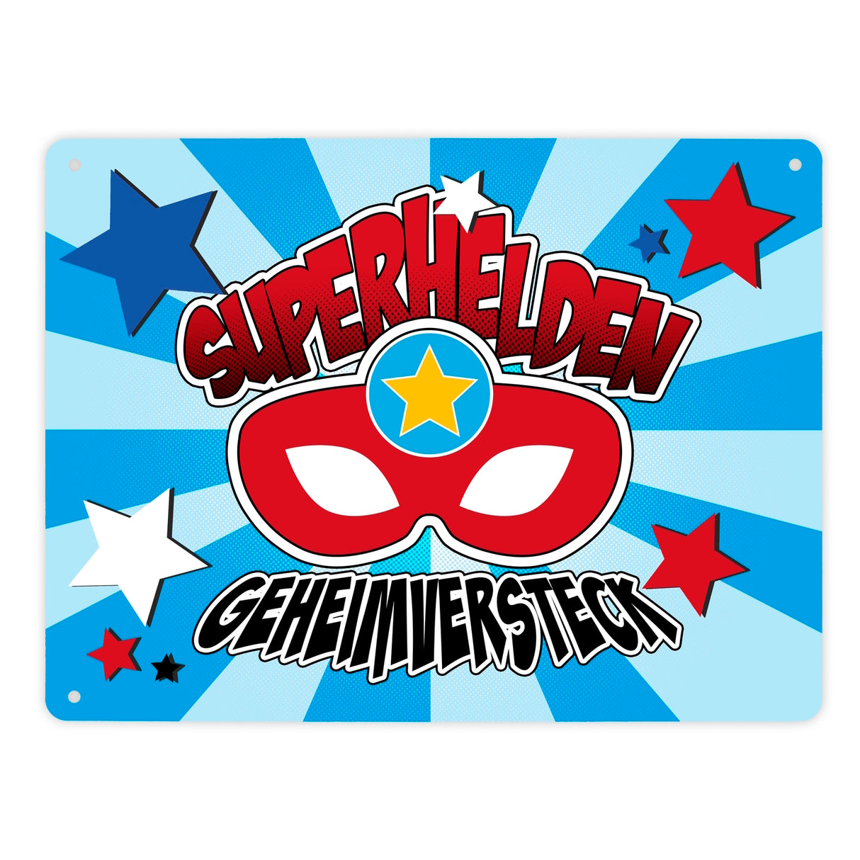 Superhelden Geheimversteck Metallschild im Comicdesign mit Superhelden Maske