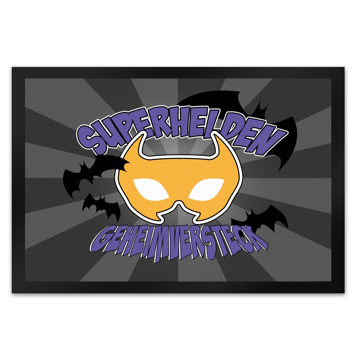 Superhelden Geheimversteck Fußmatte im Comicdesign mit Fledermäusen