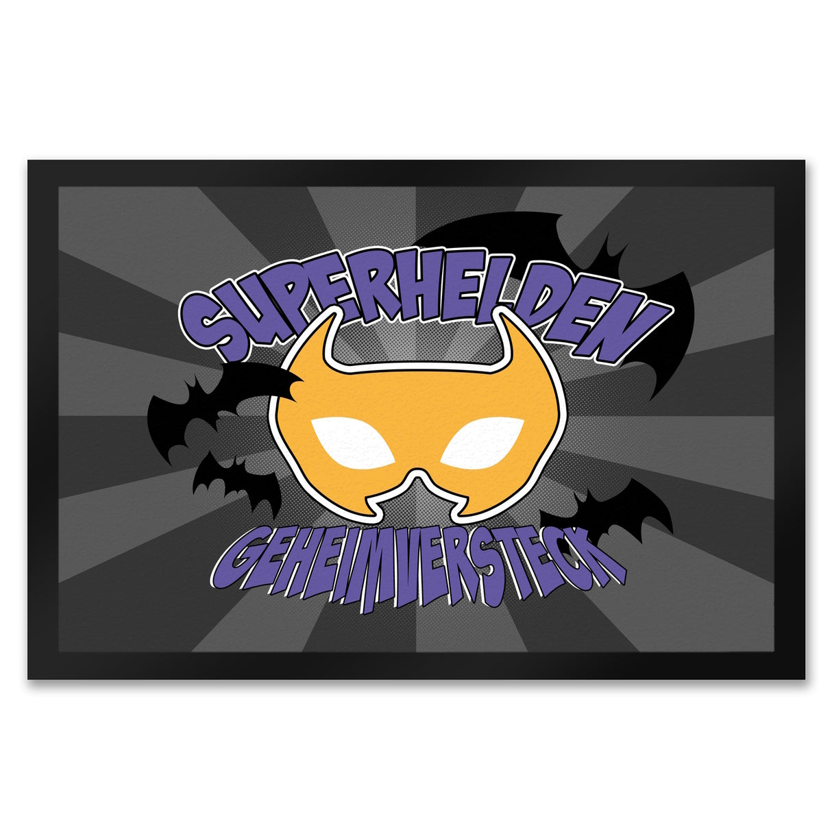 Superhelden Geheimversteck Fußmatte im Comicdesign mit Fledermäusen