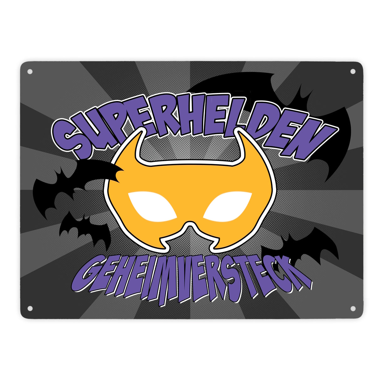 Superhelden Geheimversteck Metallschild im Comicdesign mit Fledermäusen & Maske