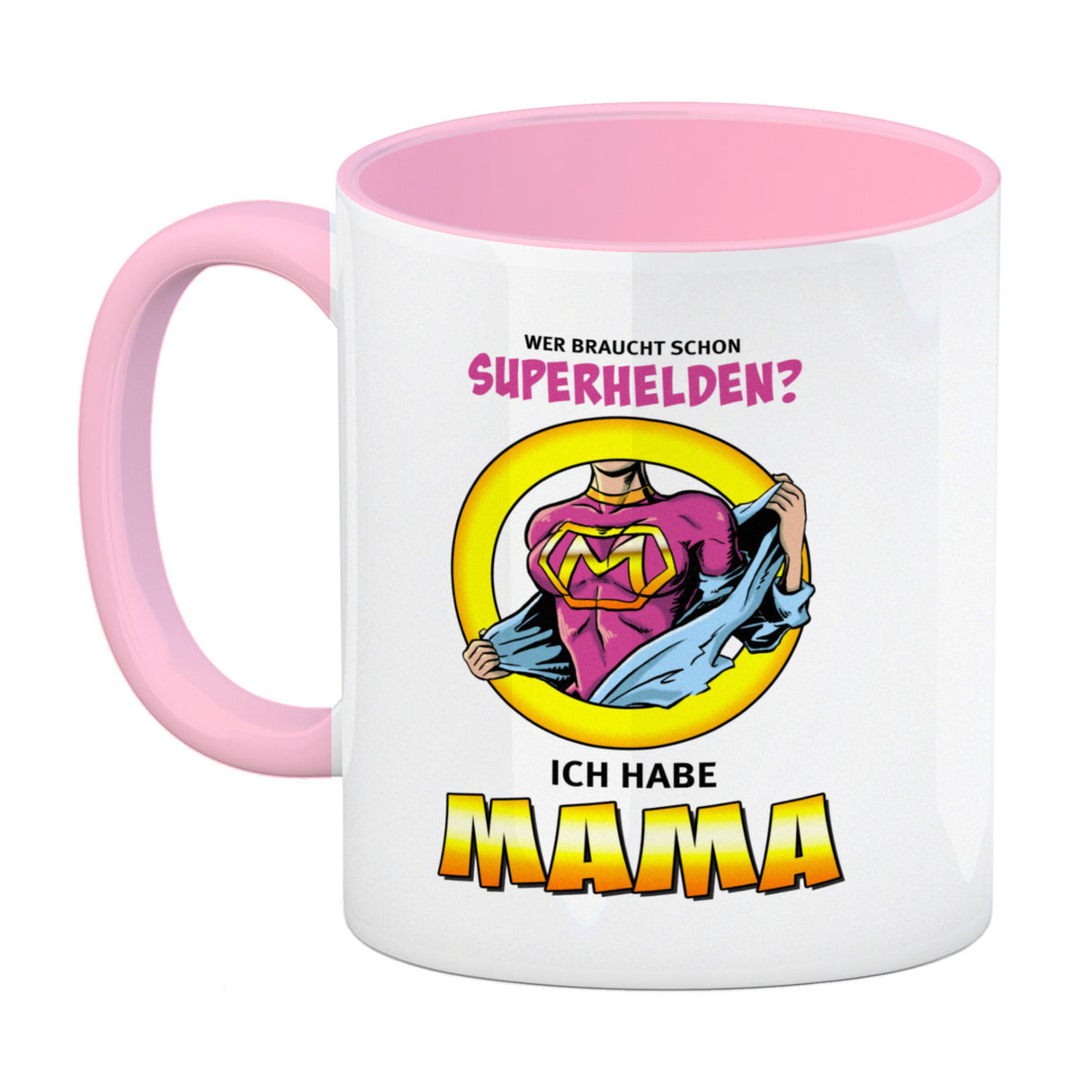 Kaffeebecher Comic mit Spruch - Wer braucht schon Superhelden? Ich habe Mama