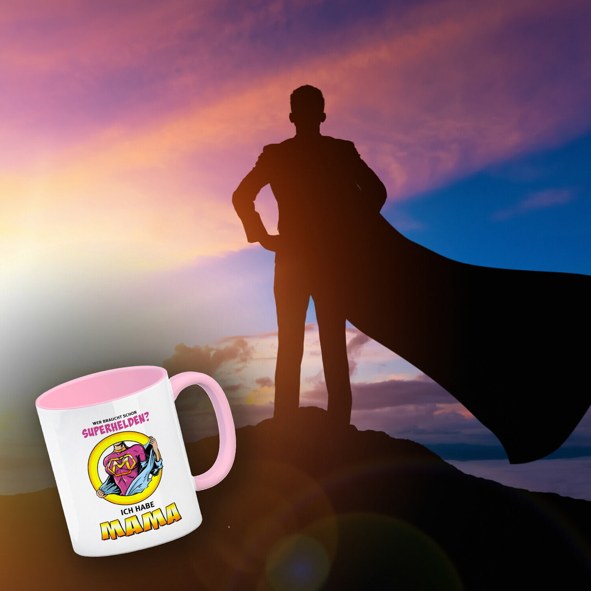 Kaffeebecher Comic mit Spruch - Wer braucht schon Superhelden? Ich habe Mama