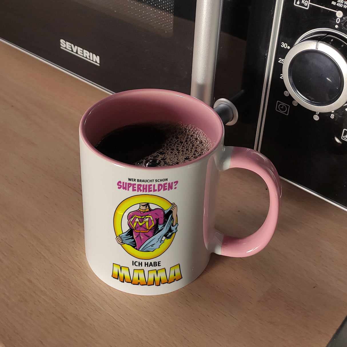 Kaffeebecher Comic mit Spruch - Wer braucht schon Superhelden? Ich habe Mama