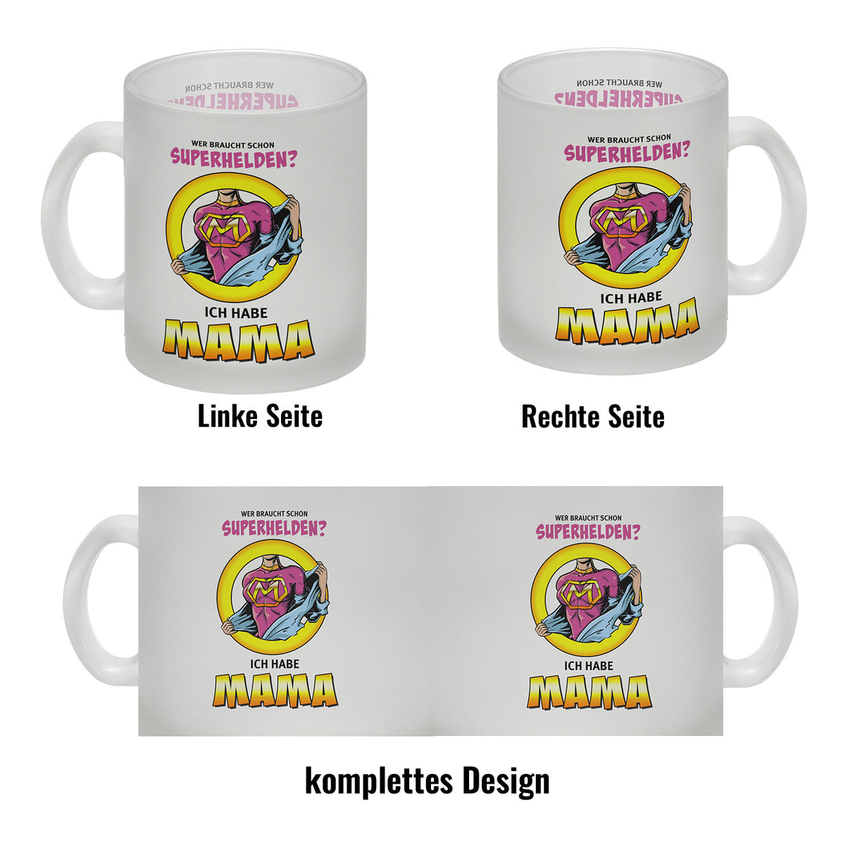 Kaffeebecher Comic mit Spruch - Wer braucht schon Superhelden? Ich habe Mama