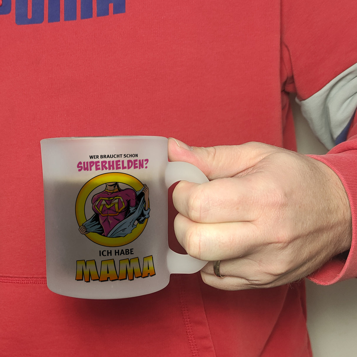 Kaffeebecher Comic mit Spruch - Wer braucht schon Superhelden? Ich habe Mama