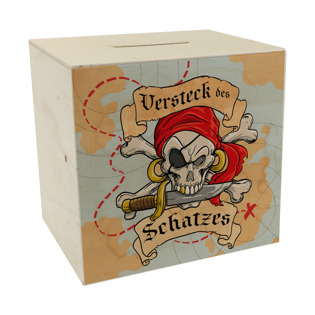 Spardose für Kinder mit Schatzkarte und Totenkopf - Versteck des Schatzes