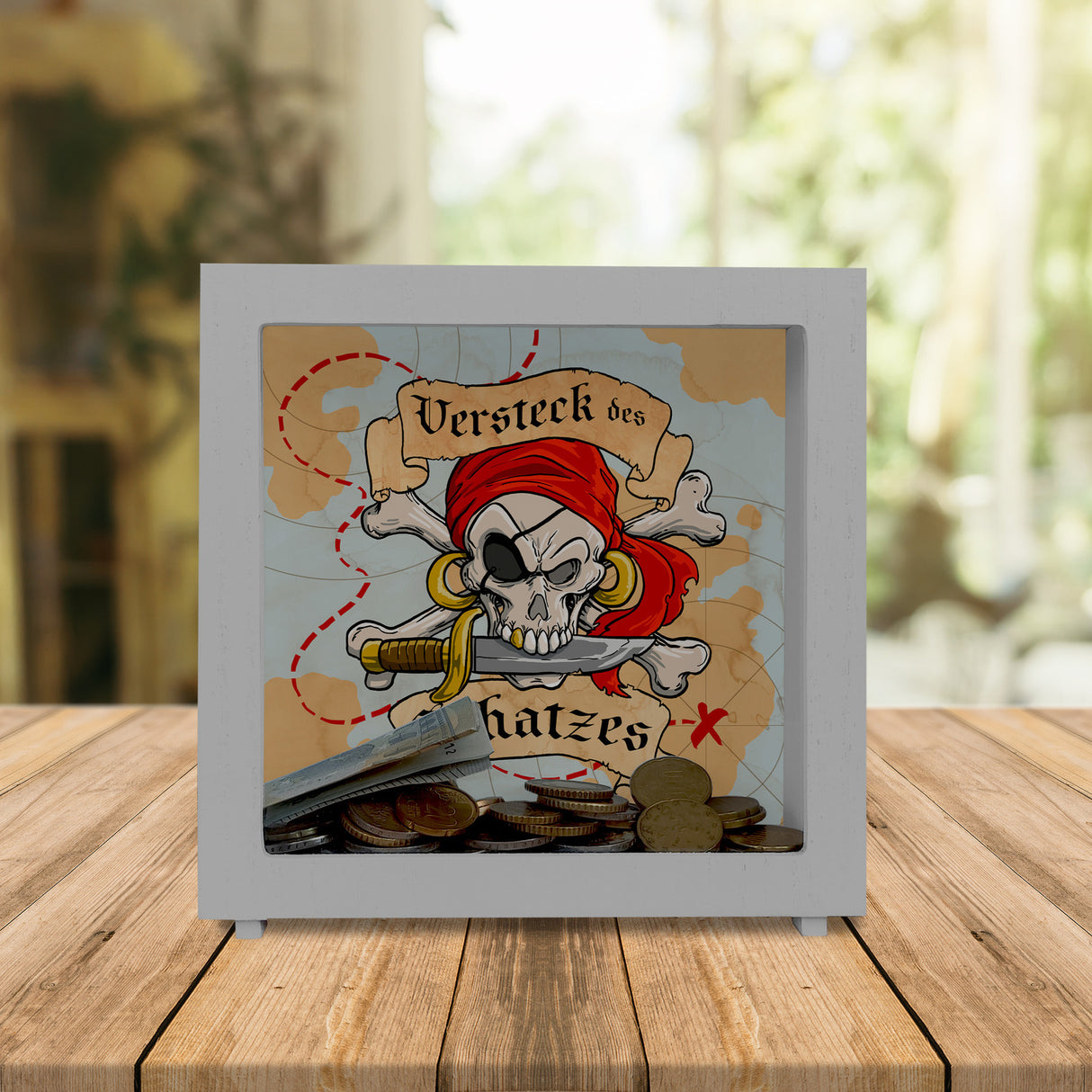 Spardose für Kinder mit Schatzkarte und Totenkopf - Versteck des Schatzes