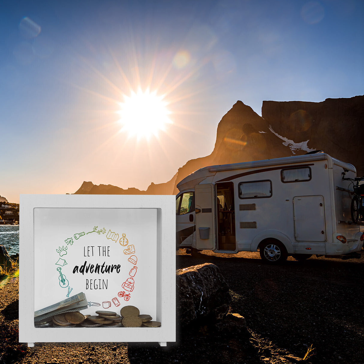 Spardose mit Campingmotiven in bunten Farben - Let the adventure begin