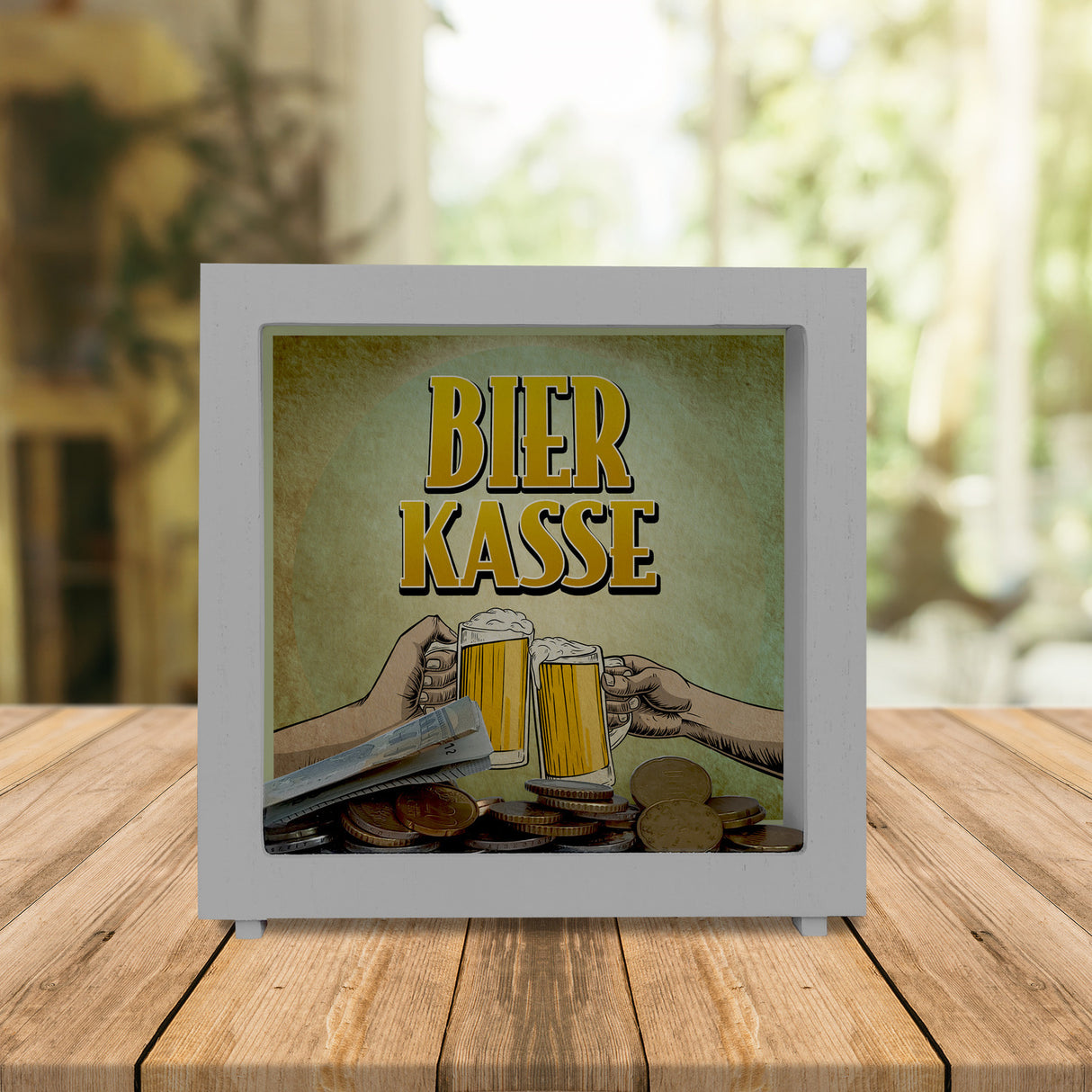 Bierkasse Spardose mit coolem retro Motiv - prostende Bierkrüge für die Hausbar