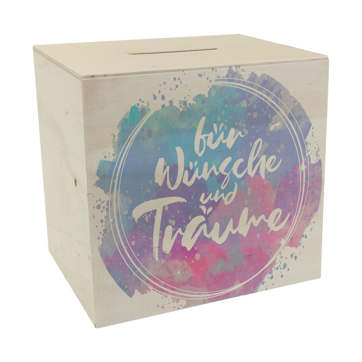 Spardose mit schönem Wasserfarbendesign und Aufschrift - Für Wünsche und Träume