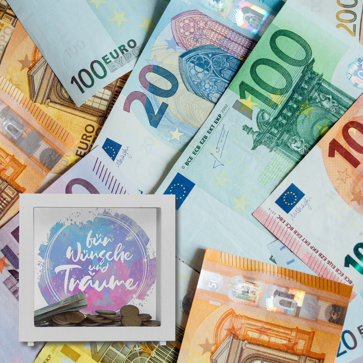 Spardose mit schönem Wasserfarbendesign und Aufschrift - Für Wünsche und Träume
