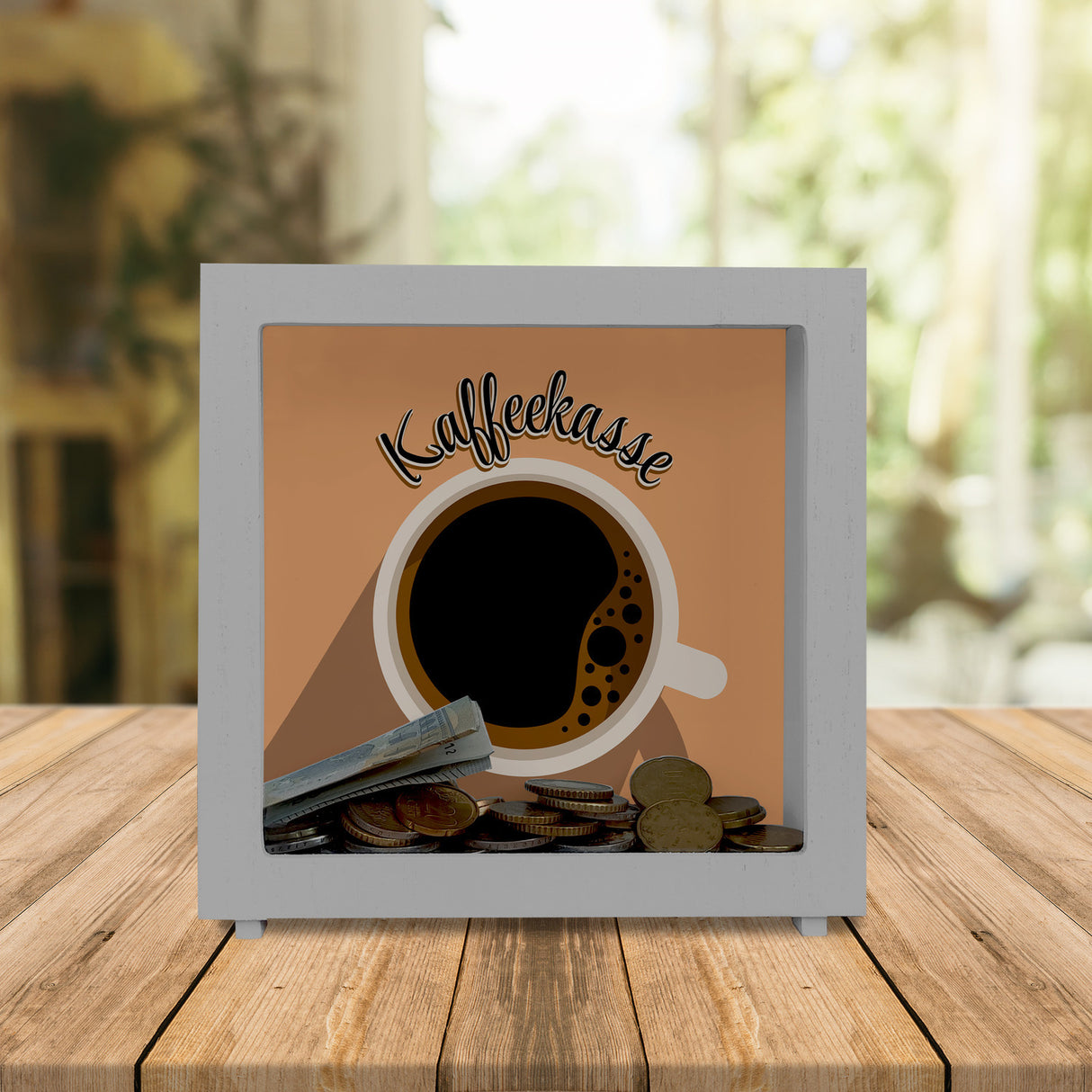 Spardose mit Kaffeetassenmotiv - als Kaffeekasse für Frisöre und Restaurants