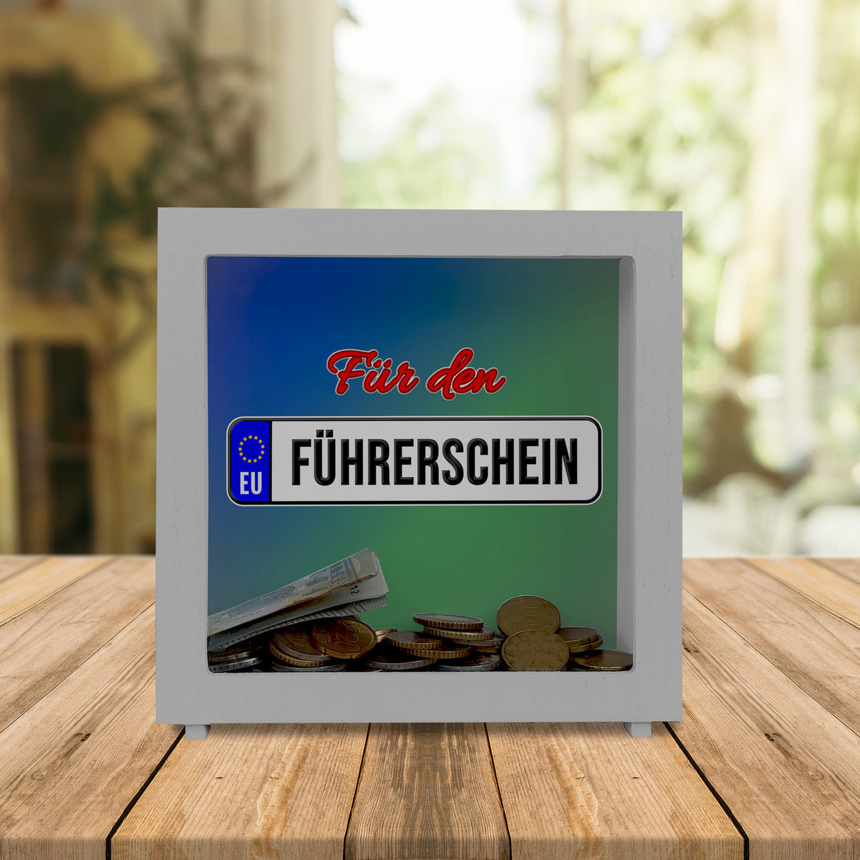 Spardose aus Keramik mit Spruch: Für den Führerschein mit Kennzeichenmotiv