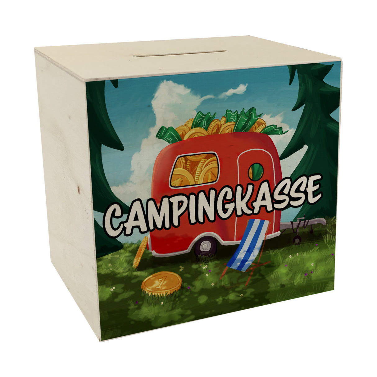 Spardose aus Keramik mit Camper Motiv und Text - Wohnwagen im Wald Campingkasse