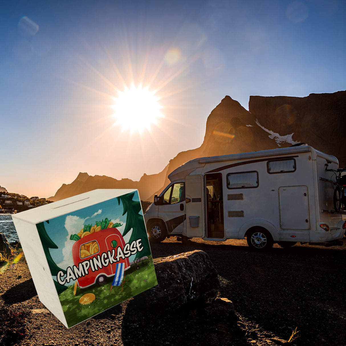 Spardose aus Keramik mit Camper Motiv und Text - Wohnwagen im Wald Campingkasse