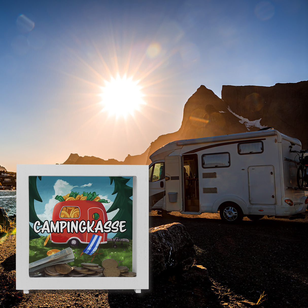 Spardose aus Keramik mit Camper Motiv und Text - Wohnwagen im Wald Campingkasse