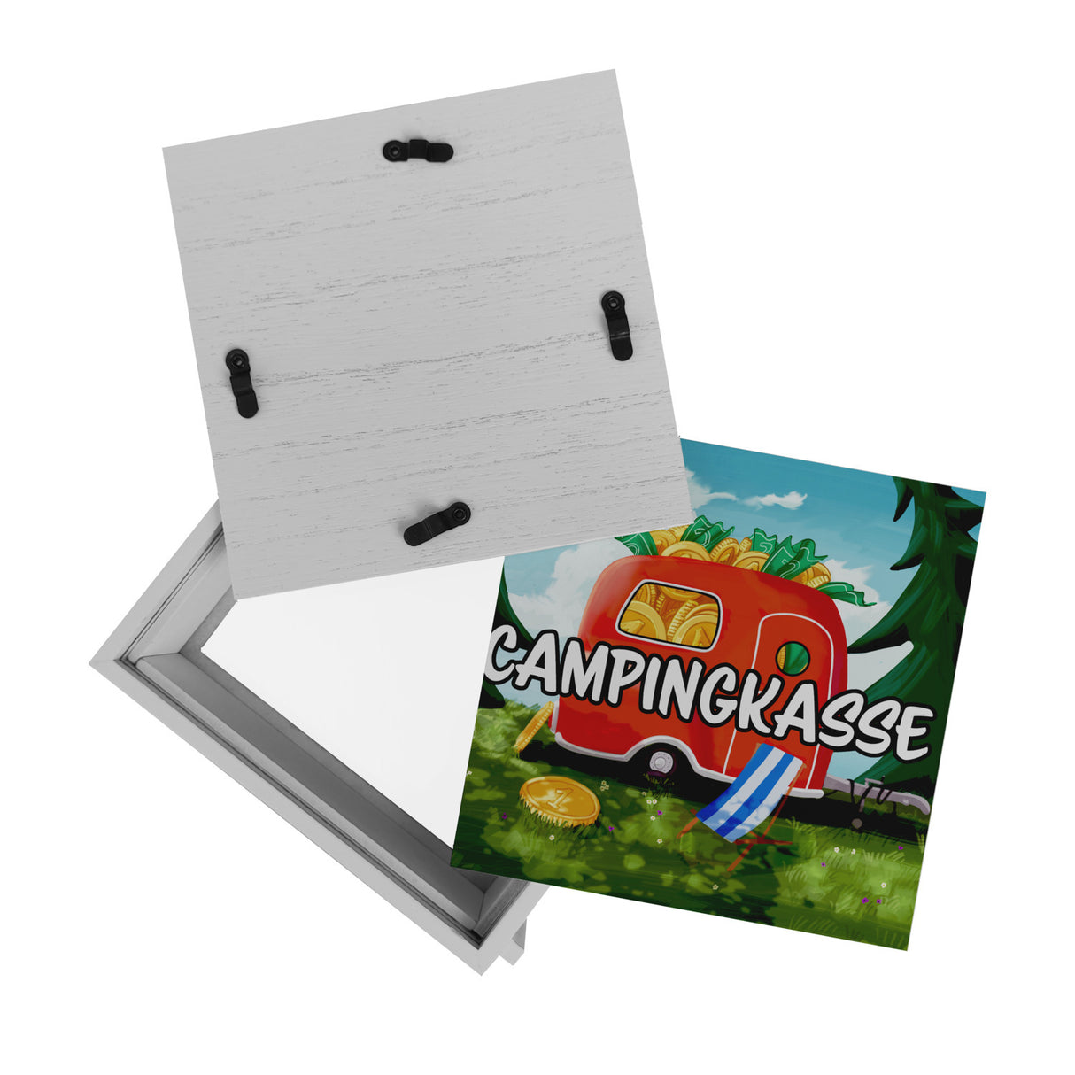 Spardose aus Keramik mit Camper Motiv und Text - Wohnwagen im Wald Campingkasse