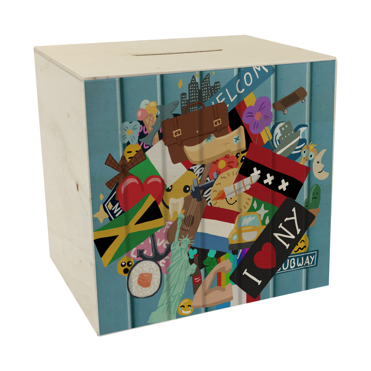 Spardose aus Keramik im Koffer Design mit Stickeroptik aus verschiedenen Ländern