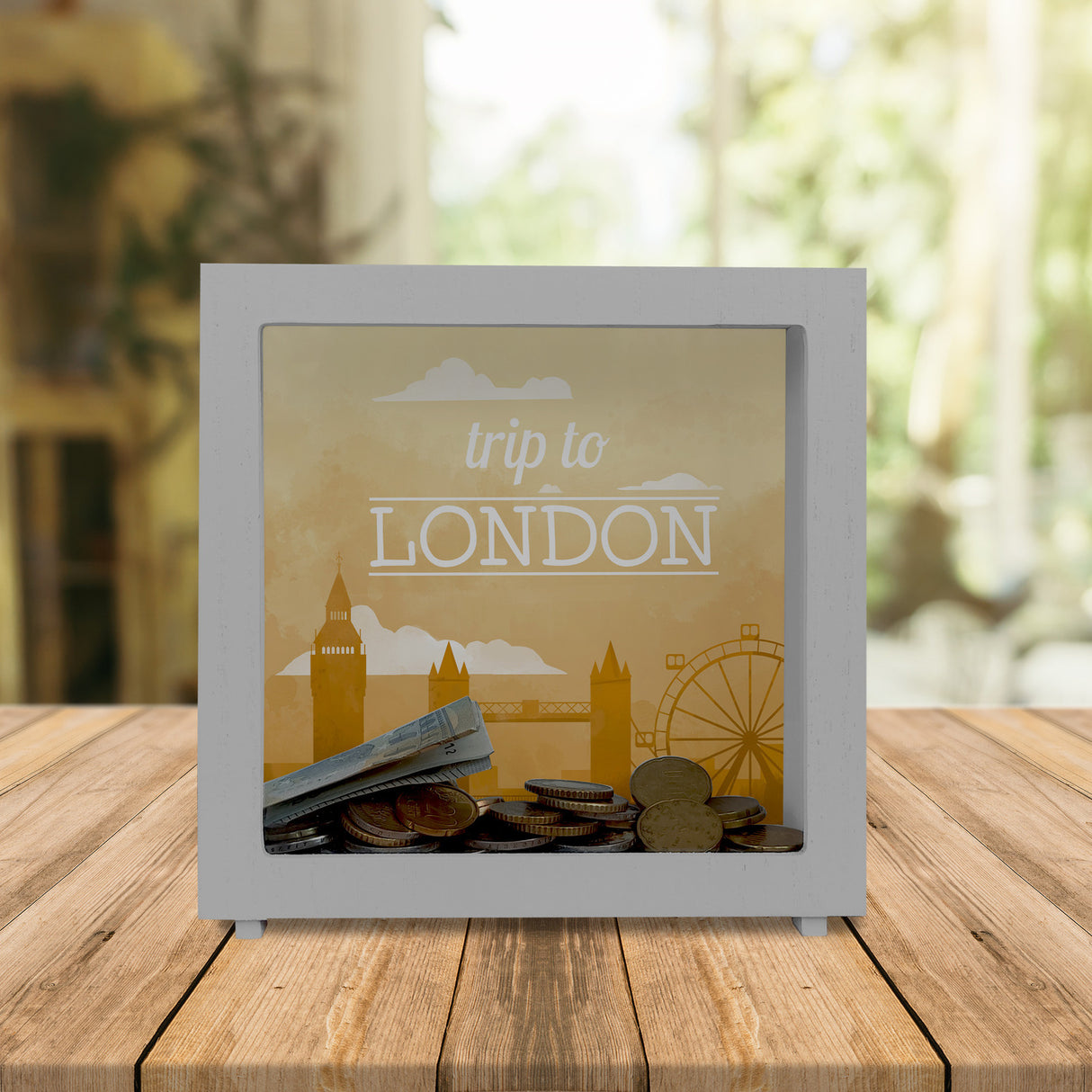 Spardose mit schönem Motiv und Text - Trip to London