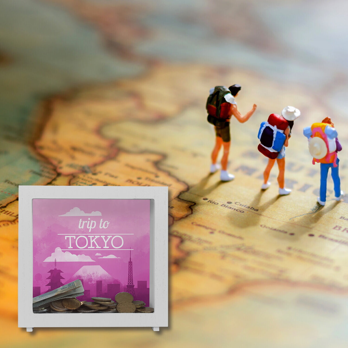 Spardose mit schönem Motiv und Text - Trip to Tokyo in pink
