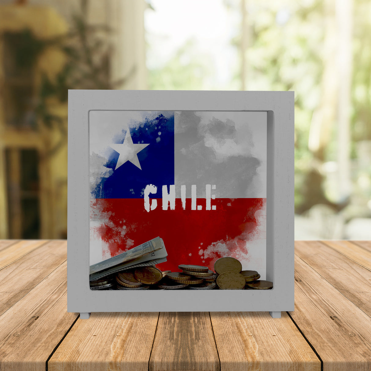 Spardose mit Chile-Flagge im Used Look - Sparschwein für Urlauber