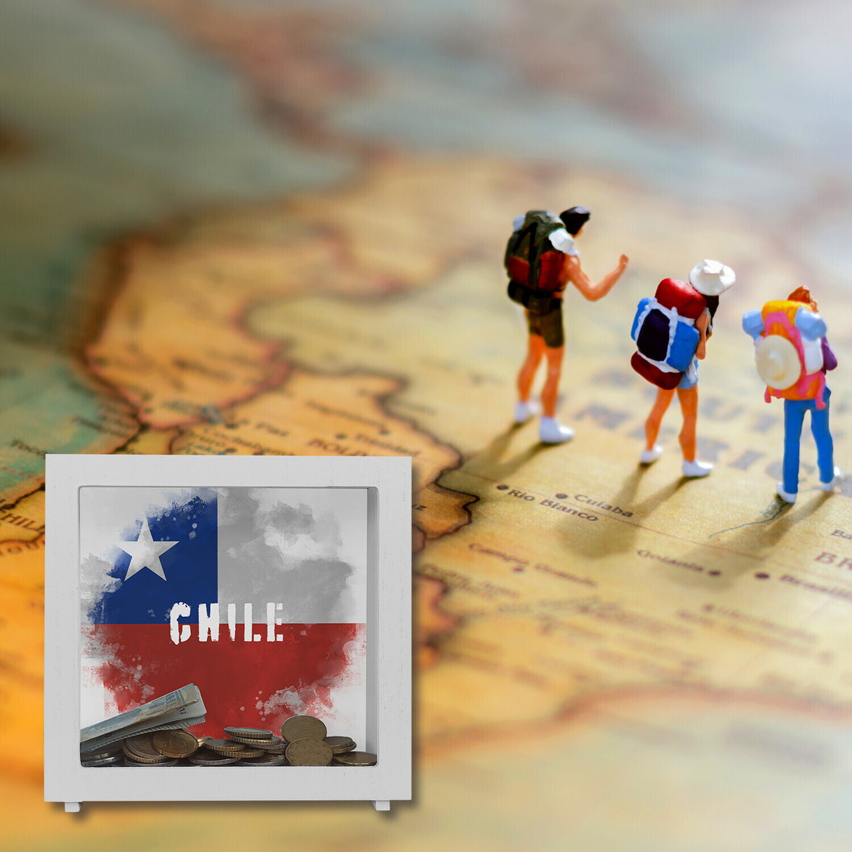 Spardose mit Chile-Flagge im Used Look - Sparschwein für Urlauber