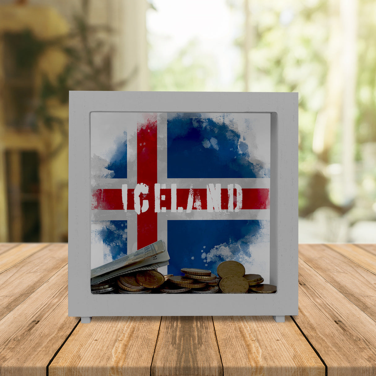 Spardose mit Island-Flagge im Used Look - Sparschwein für Urlauber