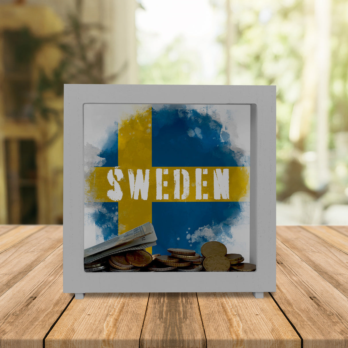 Spardose mit Schweden-Flagge im Used Look - Sparschwein für Urlauber