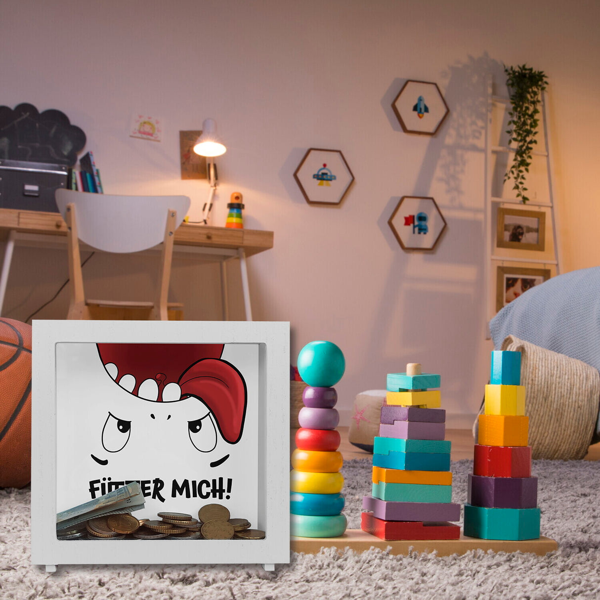Spardose mit Comicfigur und lustigem Spruch - Fütter mich!