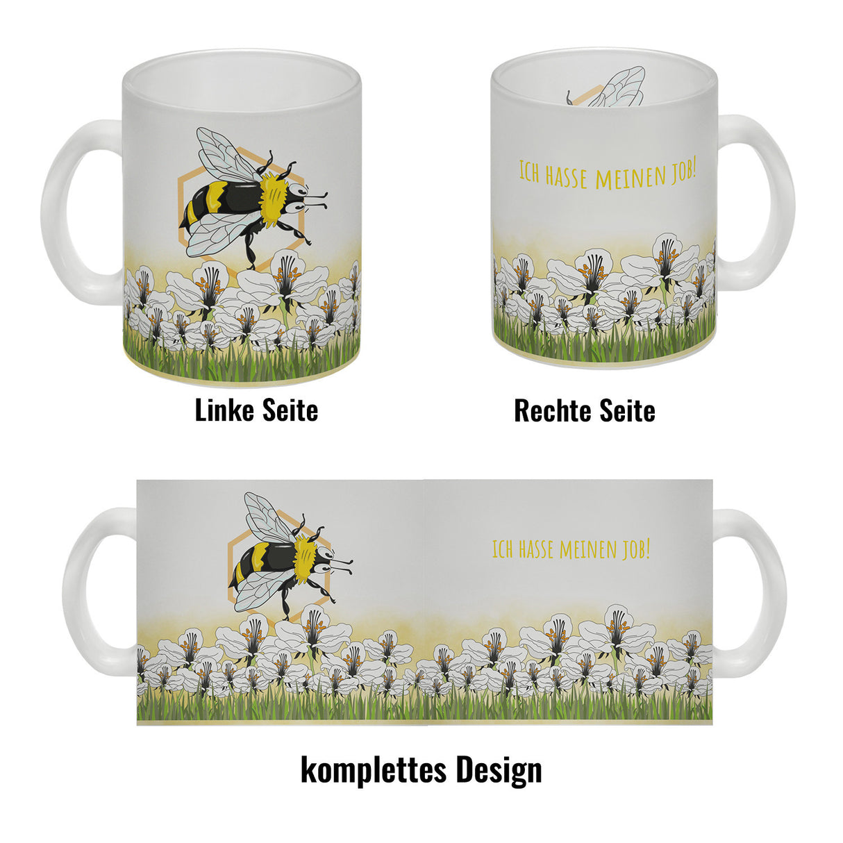 Kaffeebecher mit Wiesen-Motiv, Biene und witzigem Spruch fürs Büro oder Kollegen