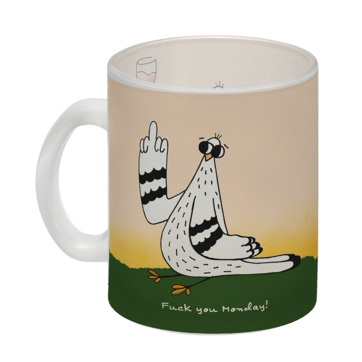 Motivation Kaffeebecher mit lustigen Tauben und Spruch Fuck Monday Hello Friday