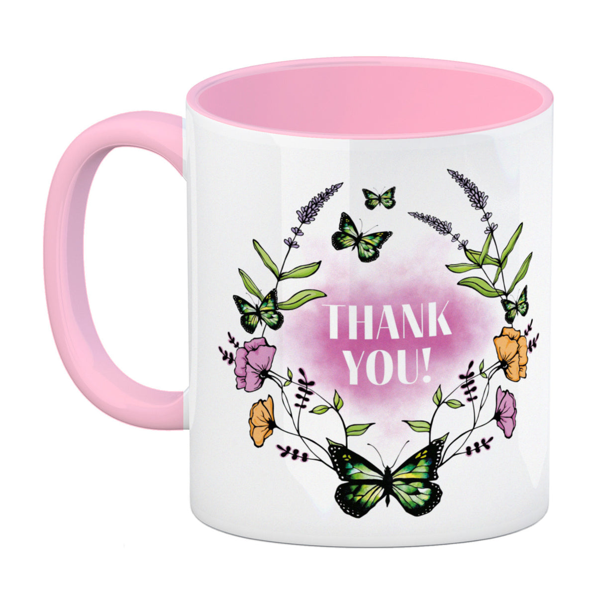 Kaffeebecher mit motivierenden Worten und Blumenrahmen mit Schmetterlingen