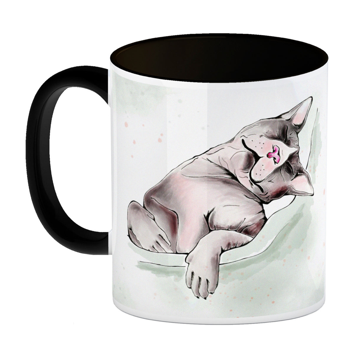 Kaffeebecher in pastellfarben mit schlafender Katze und witzigem Spruch
