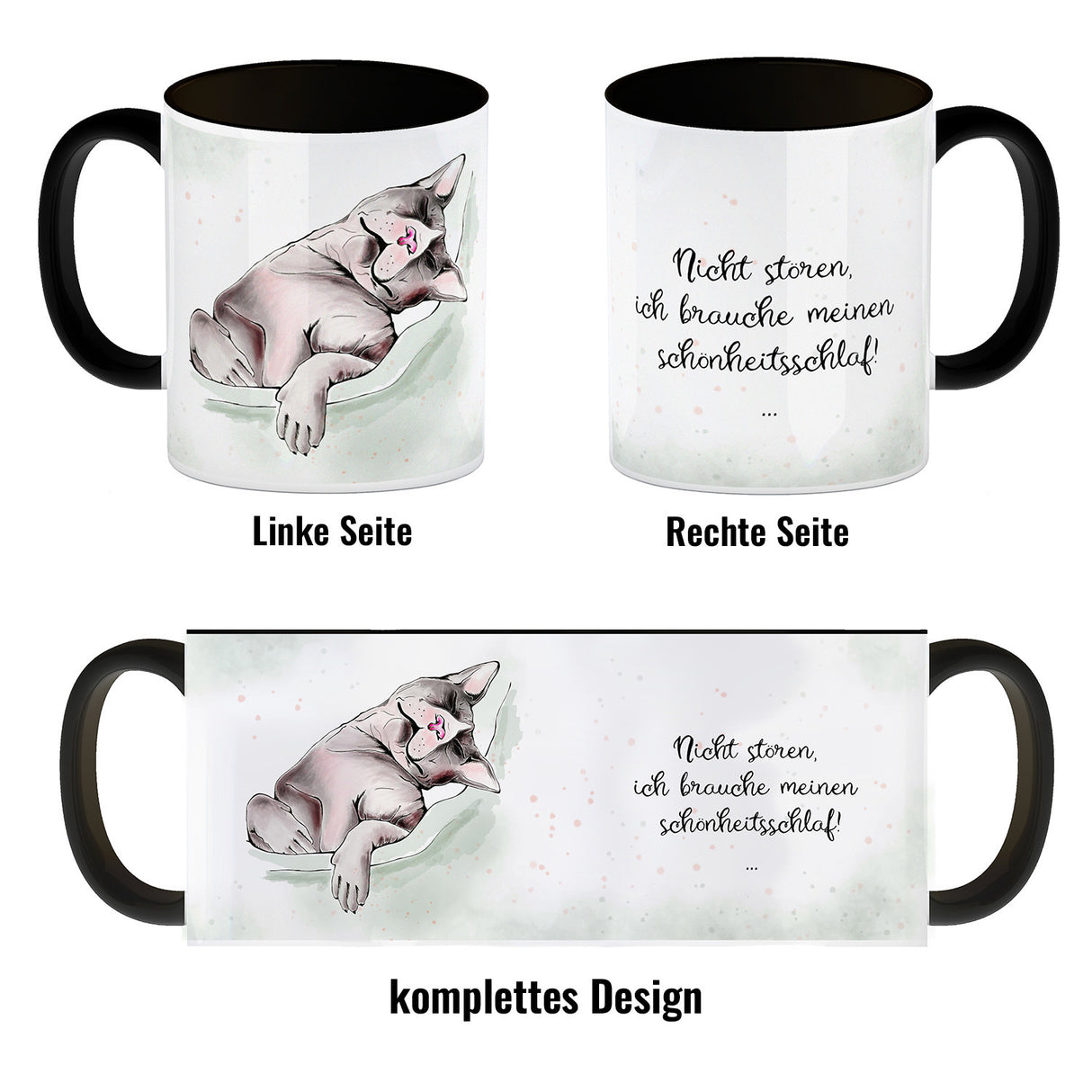 Kaffeebecher in pastellfarben mit schlafender Katze und witzigem Spruch