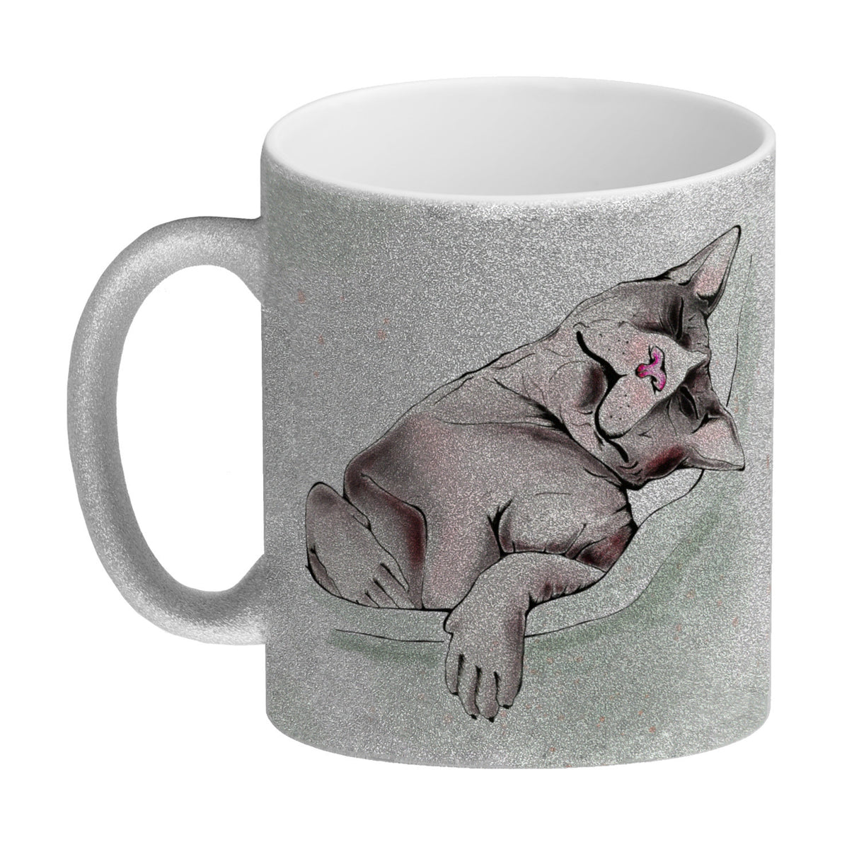 Kaffeebecher in pastellfarben mit schlafender Katze und witzigem Spruch