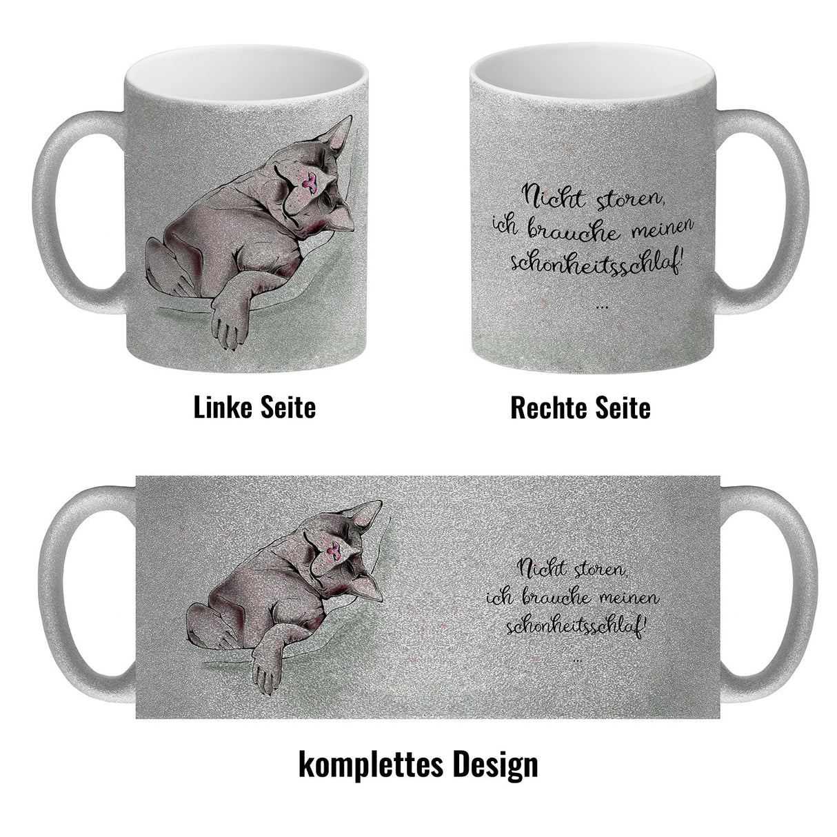 Kaffeebecher in pastellfarben mit schlafender Katze und witzigem Spruch