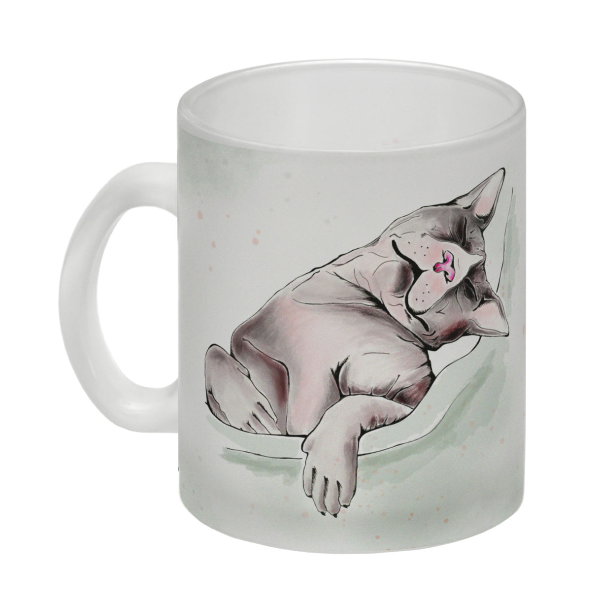 Kaffeebecher in pastellfarben mit schlafender Katze und witzigem Spruch