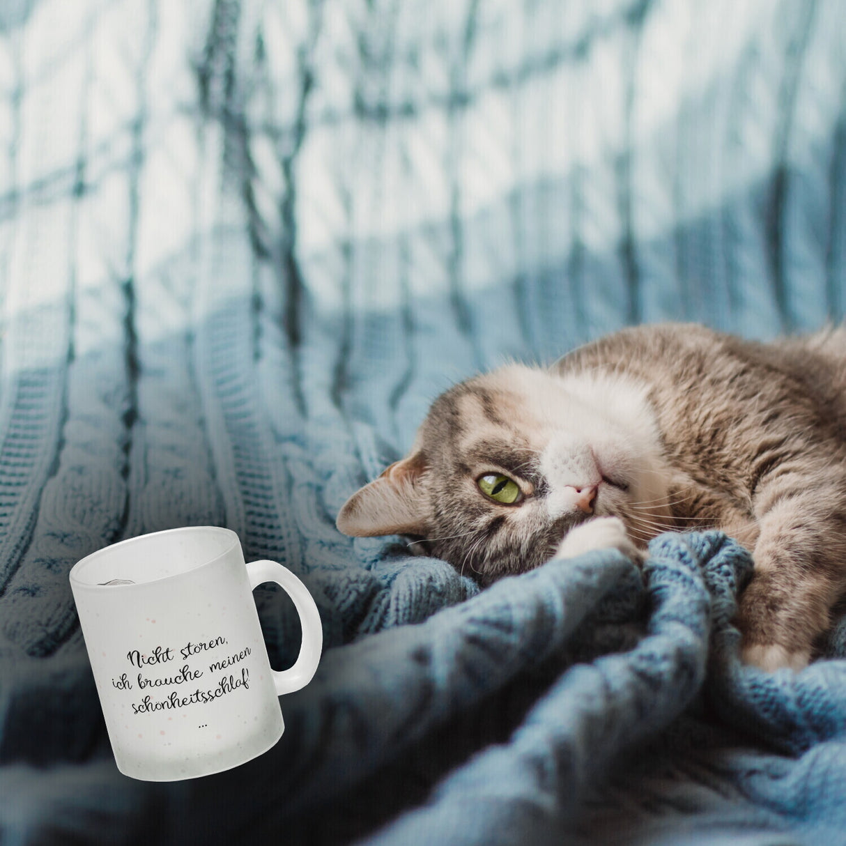 Kaffeebecher in pastellfarben mit schlafender Katze und witzigem Spruch