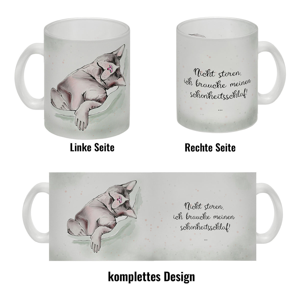 Kaffeebecher in pastellfarben mit schlafender Katze und witzigem Spruch