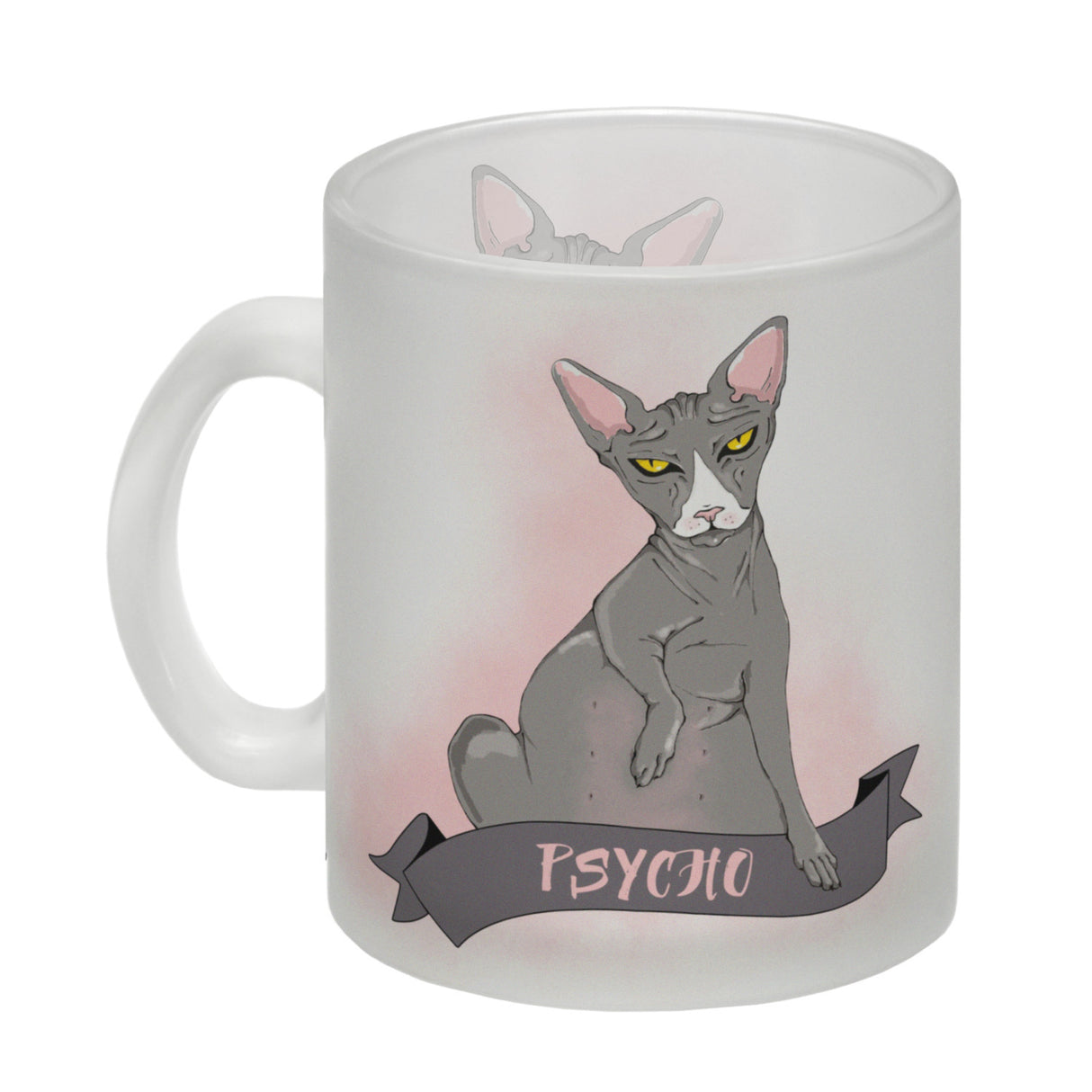 Kaffeebecher mit böse schauender Nacktkatze und Spruch Psycho/Problem?