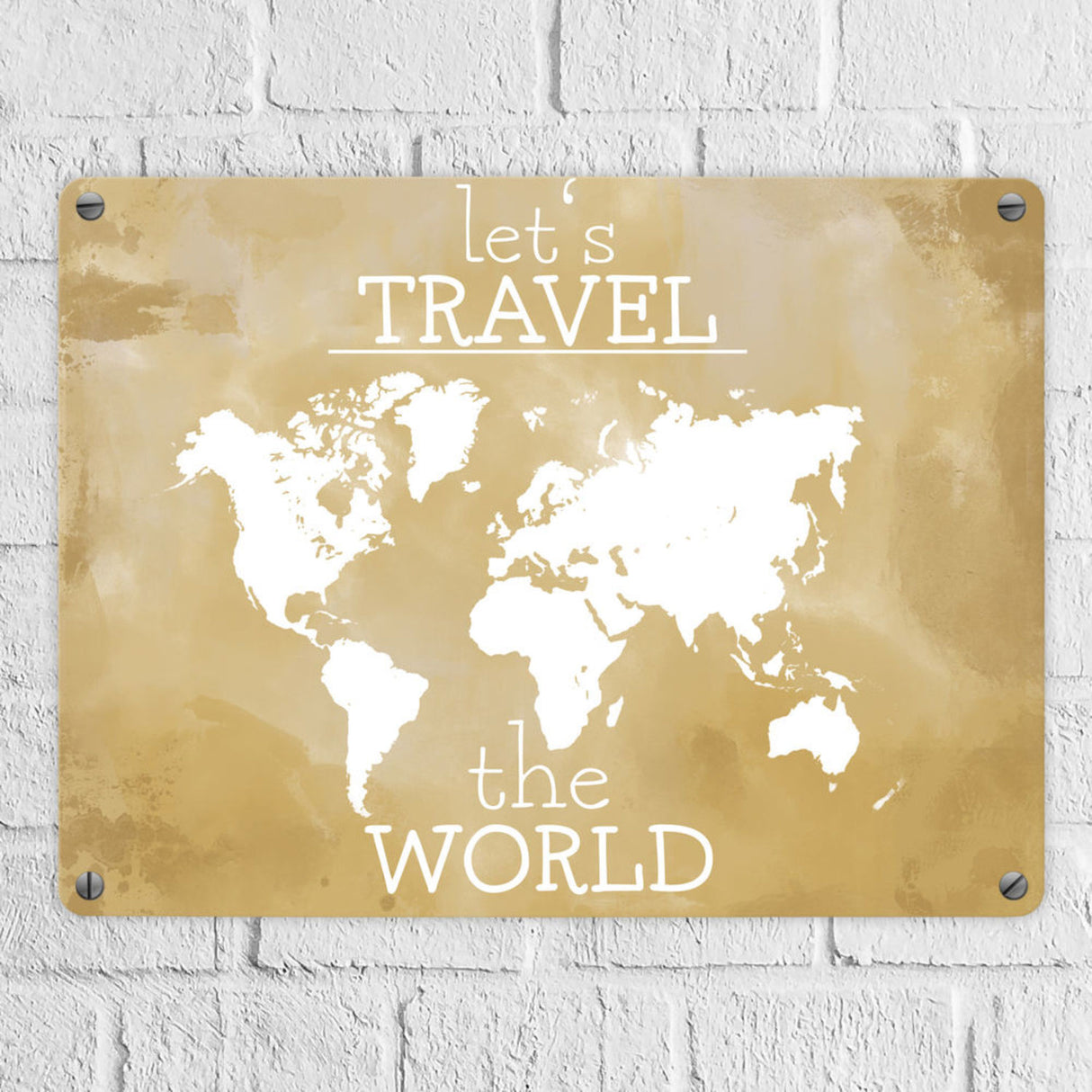 Metallschild mit Weltkarte und Spruch - let's travel the world