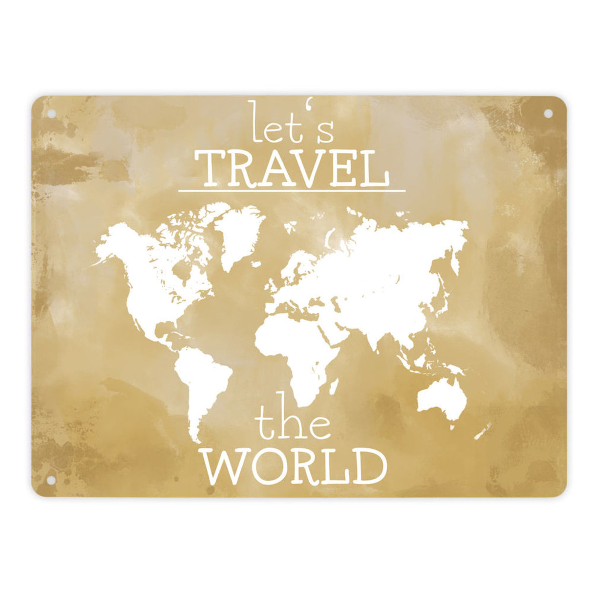Metallschild mit Weltkarte und Spruch - let's travel the world