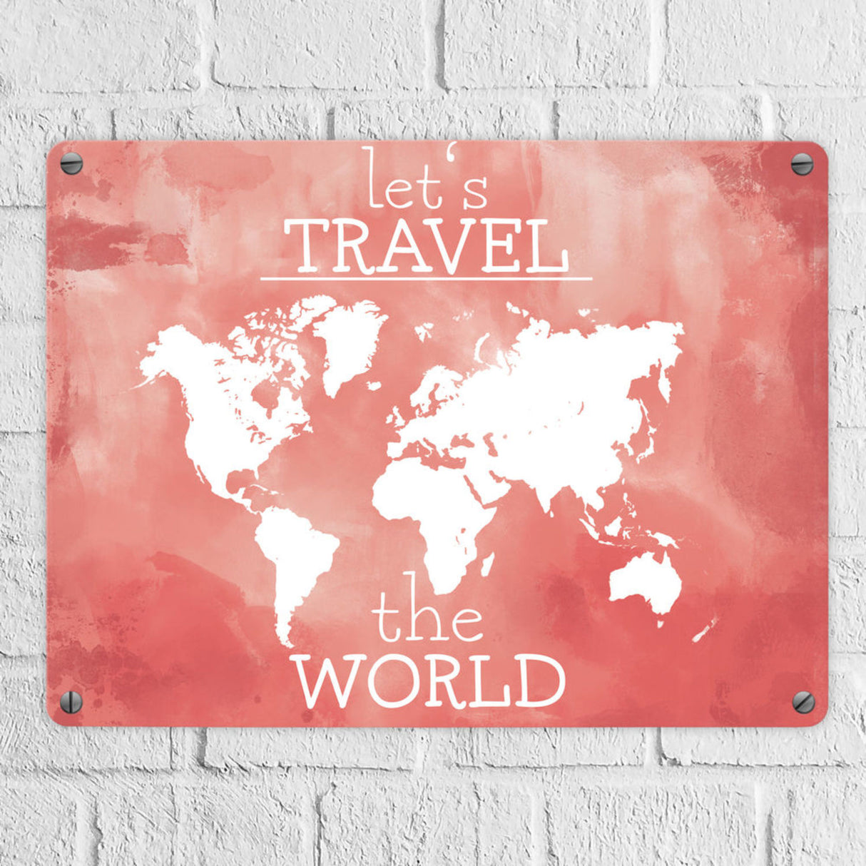 Metallschild mit Weltkarte und Spruch - let's travel the world